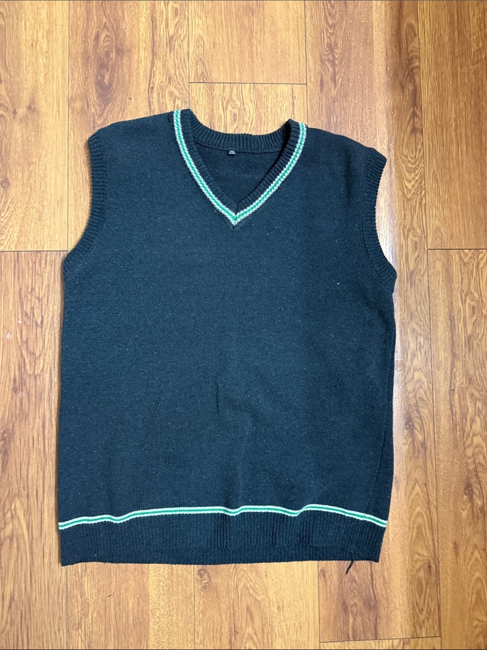 Black V-Neck Sweater Vest with Green Trim